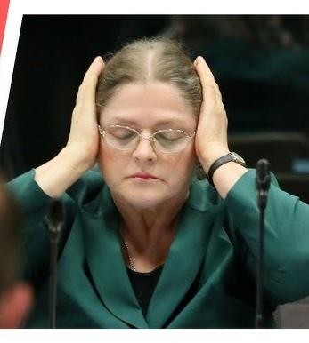 Krystyna Pawłowicz podczas przemówienia lub debaty publicznej, z ekspresyjnym gestem i wyrazem twarzy, w tle widoczne elementy sali obrad lub konferencyjnej.