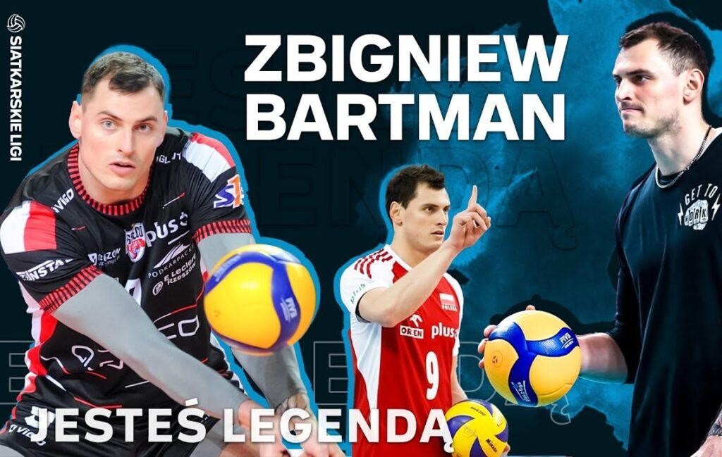 Dynamiczne ujęcie Zbigniewa Bartmana w akcji, ukazujące jego atletyzm i determinację, z elementami siatkówki lub sportów walki.